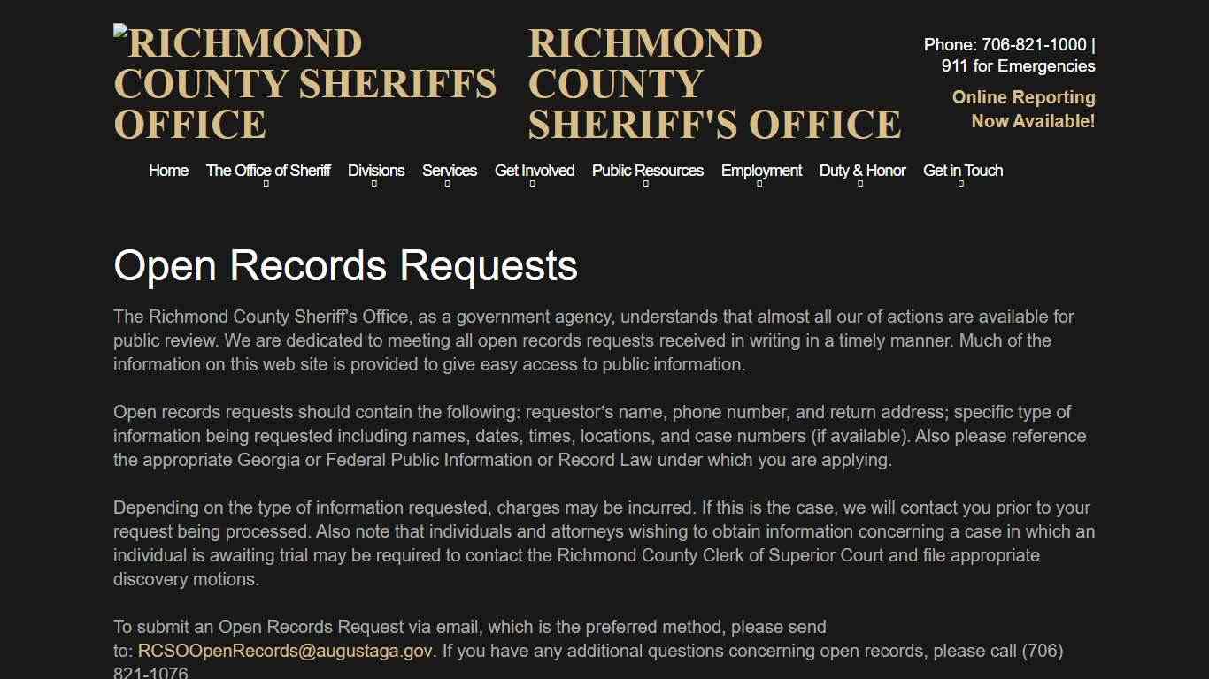 Open Records Request Richmond County Sheriff's Office Augusta Ga - Richmond County Sheriff's Office