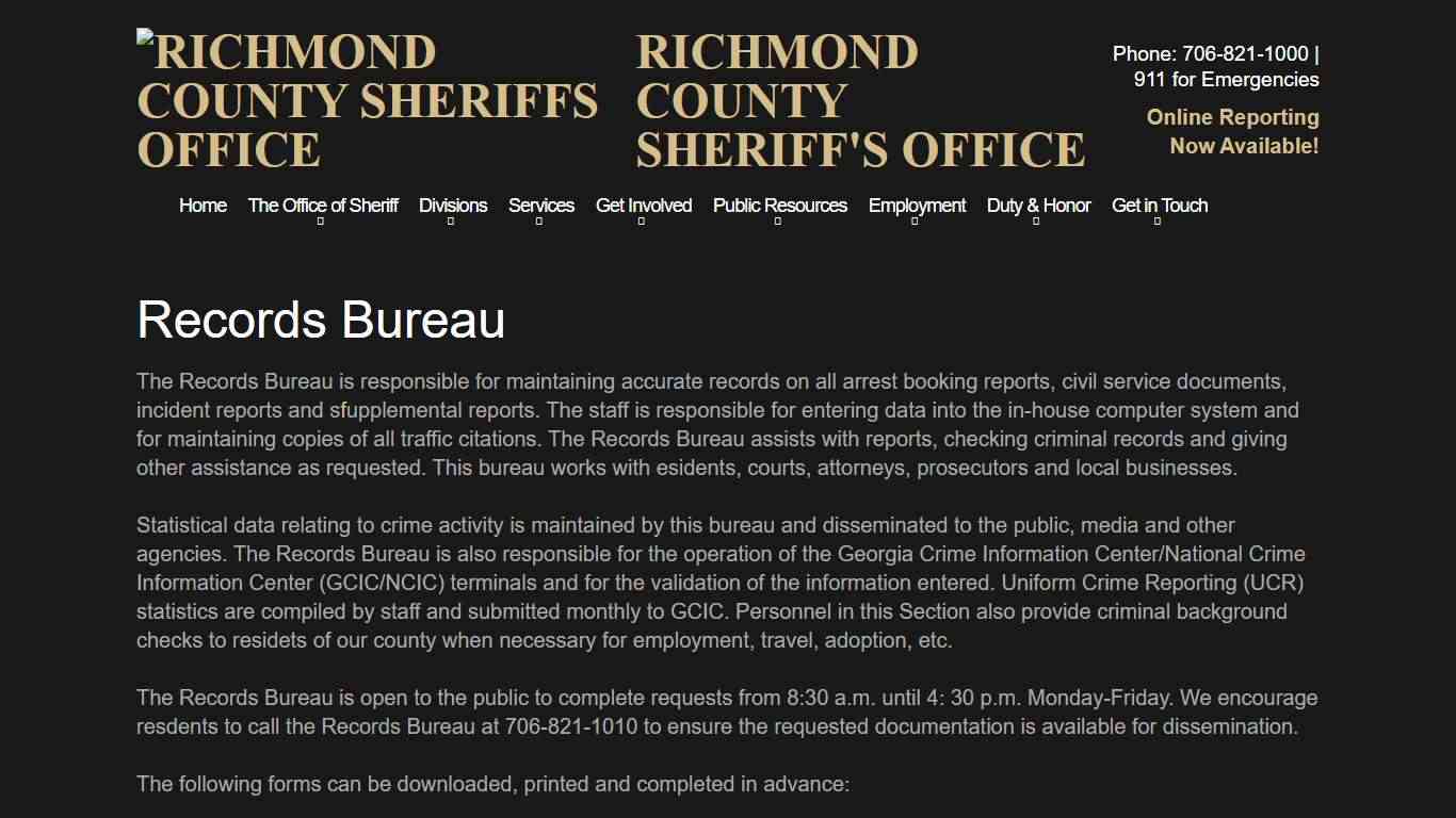 Records Bureau Richmond County Sheriff's Office Augusta Ga - Richmond County Sheriff's Office